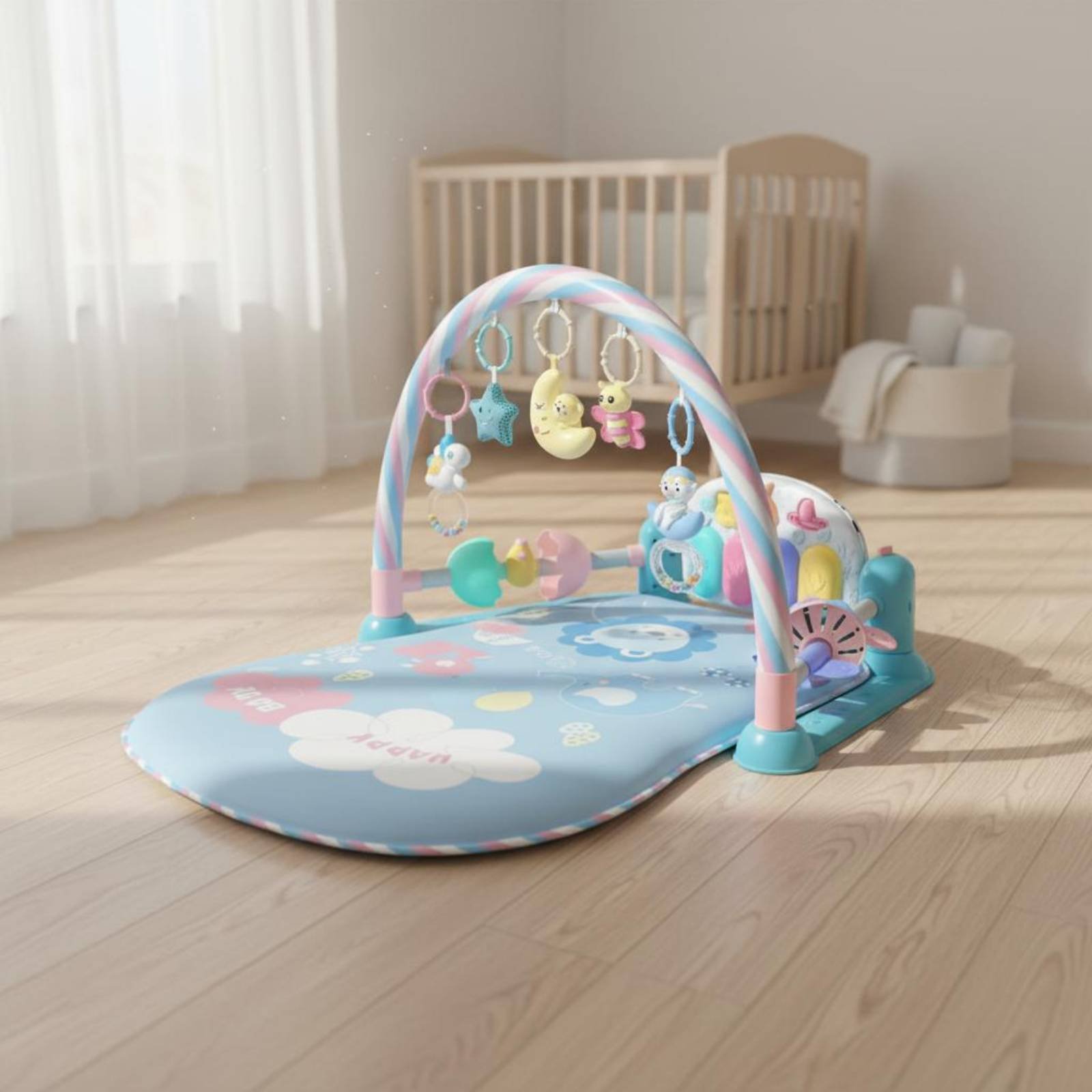 Baby Nursery Music - เปลเด็กอ่อนพร้อมฟังก์ชั่นดนตรีเปียโน เตียงเด็กแบบพับได้ สนามเด็กเล่นแบบพับได้ ปลอดภัย 4 in
