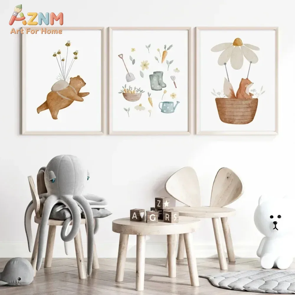 Baby Nursery Home - AZNM สีน้ำหมีสุนัขจิ้งจอกสัตว์ภาพพิมพ์บนผ้าใบศิลปะติดผนังสวนโบโฮลายดอกไม้สำหรับเด็กห้องนอนเด็กตกแต่งบ้าน