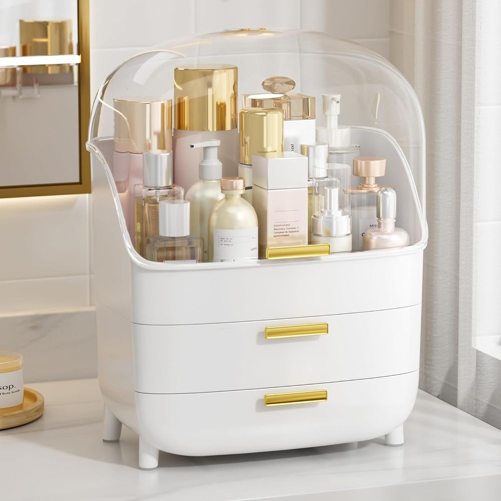 Drawer Dresser White - ที่จัดเก็บเครื่องสำอางและผลิตภัณฑ์ดูแลผิวแบบ 3 ชั้น พร้อมลิ้นชักและฝาปิด สีขาว |