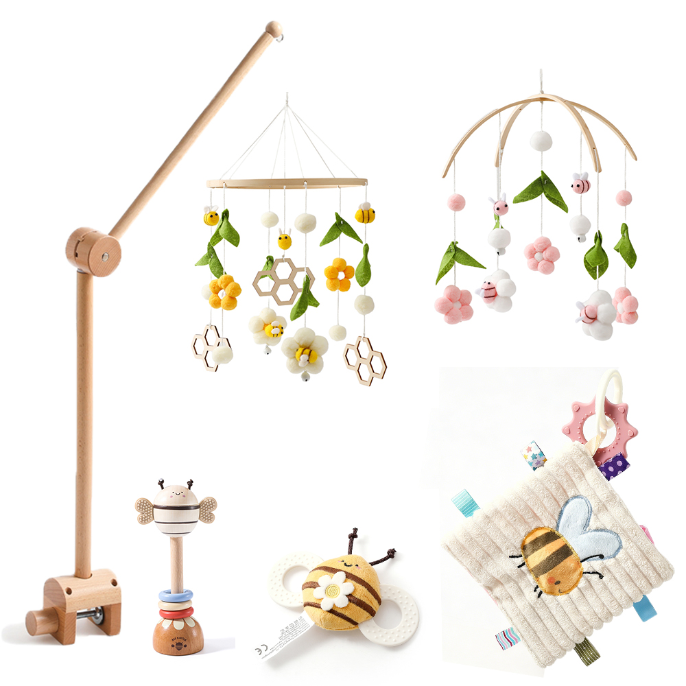 Baby Nursery Music - โมบายติดเตียงเด็กพร้อมของเล่นเขย่าเสียงดัง สำหรับเด็กอายุ 0-12 เดือน ชุดโมบายลายผึ้งสำหรับห้องเด็ก ของเล่นเขย่าเสียงดังแบบแขวนทำจากไม้