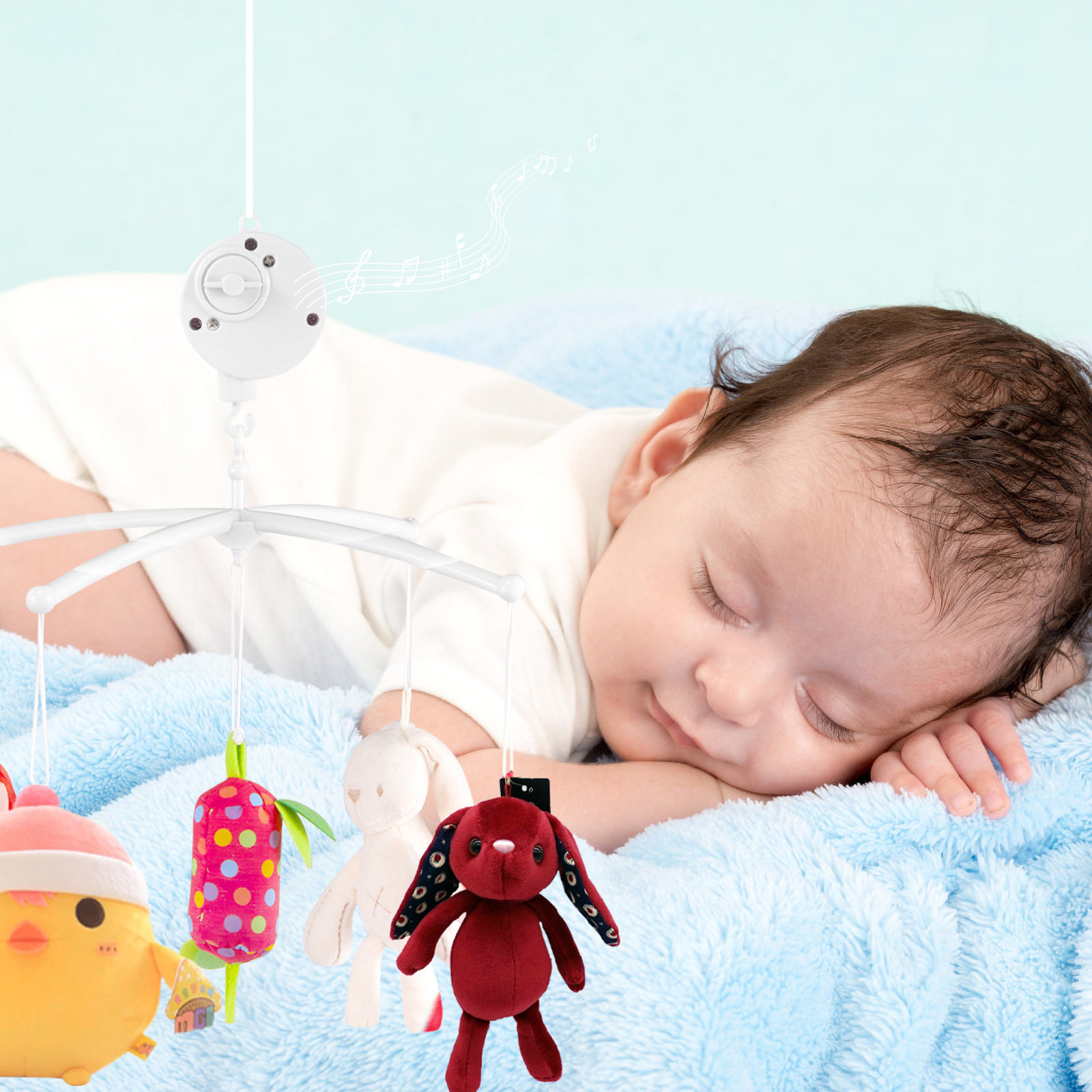 Baby Nursery Music - กล่องดนตรีสำหรับเด็ก 1 ชิ้น ที่วางพลาสติกสีขาว พร้อมตะขอหมุนได้ ฟังก์ชันหยุดชั่วคราว