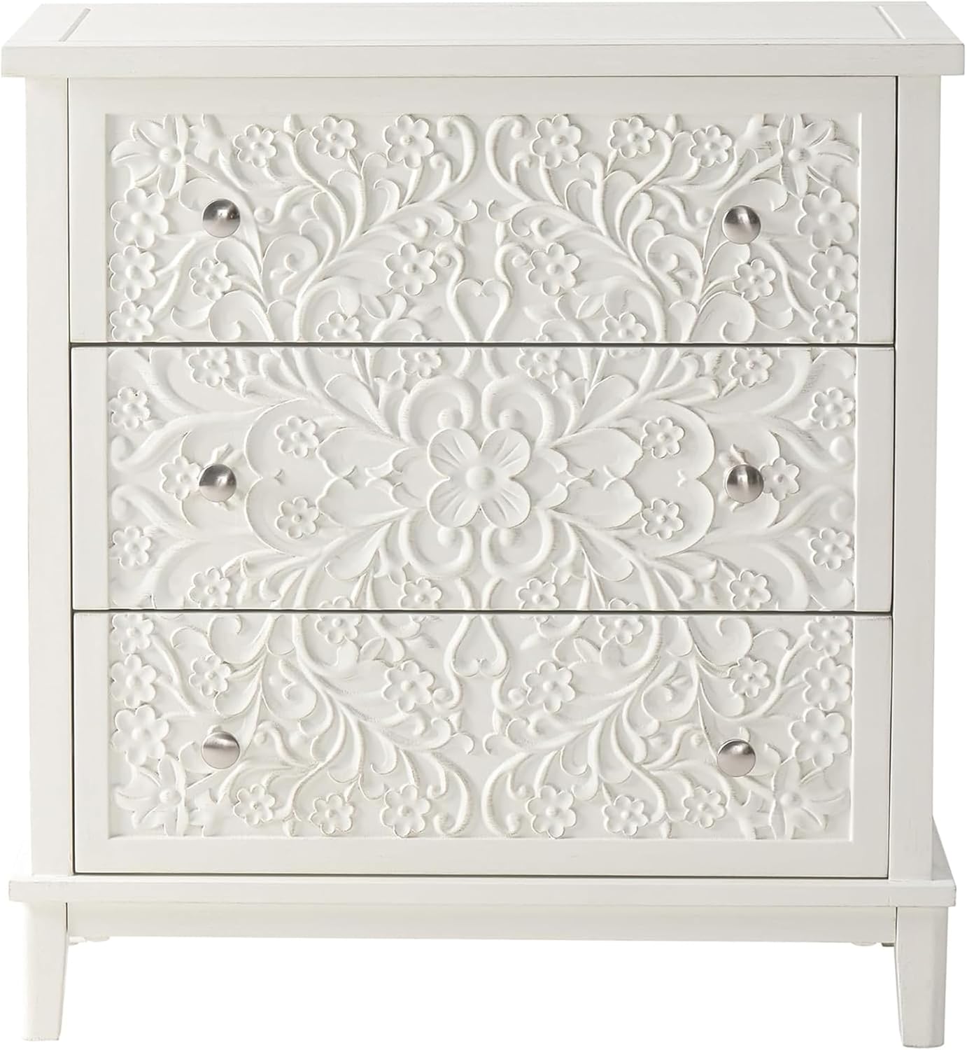 Drawer Dresser White - ตู้ลิ้นชักไม้สีขาว 3 ชั้น ประกอบเสร็จสมบูรณ์ พร้อมลายดอกไม้ สำหรับสไตล์ฝรั่งเศส