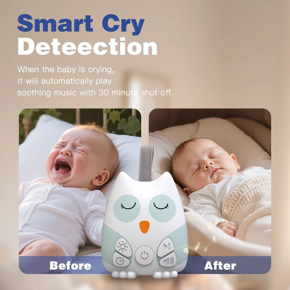 Baby Sound Machine White - เครื่องเสียงไวท์นอยส์แบบพกพาสำหรับเด็กทารก 30 เสียงผ่อนคลาย พร้อมเซ็นเซอร์ตรวจจับเสียงร้องไห้ ไฟกลางคืน ตั้งเวลาปิดได้