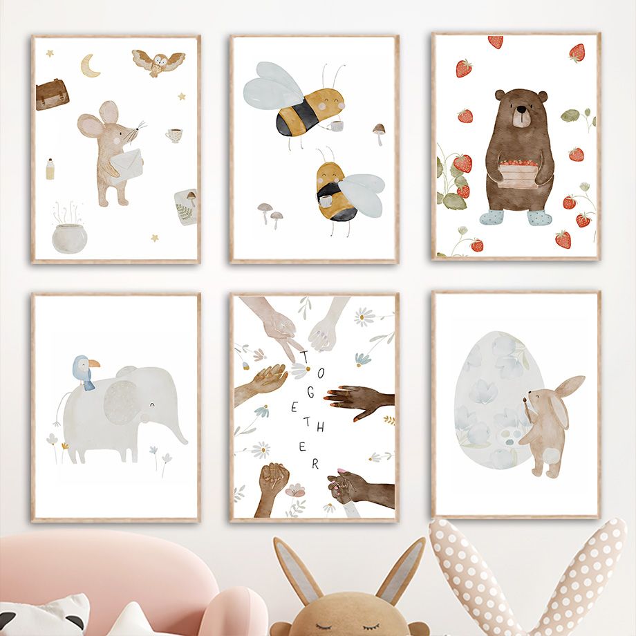 Baby Nursery Home - โปสเตอร์และภาพพิมพ์ลายสัตว์โบโฮ ช้าง กระต่าย หมี กวาง ผึ้ง