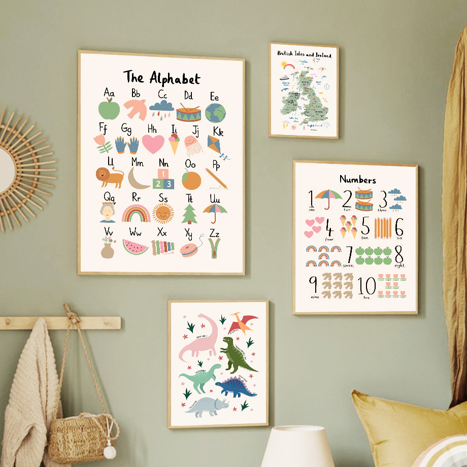 Baby Nursery Home - แผนที่โลกสัตว์ ไดโนเสาร์ ตัวอักษร ตัวเลข ภาพพิมพ์บนผ้าใบสำหรับตกแต่งผนัง โปสเตอร์ภาพวาดสำหรับเด็กทารก