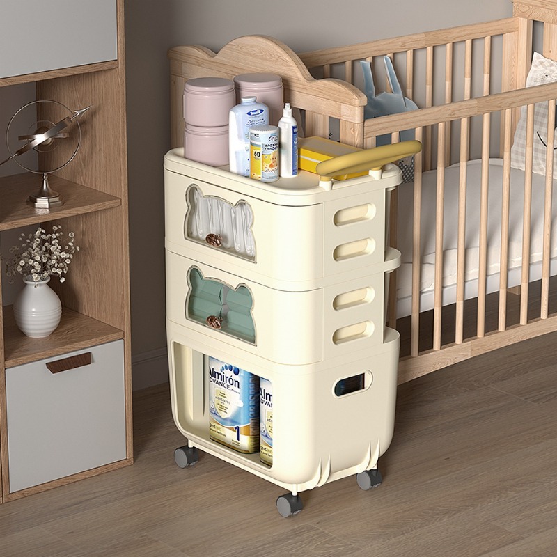 Baby Nursery Utility Cart - รถเข็นอเนกประสงค์สำหรับจัดเก็บของในห้องนั่งเล่น ชั้นวางของเล่นเด็ก รถเข็นเด็กอ่อนแบบเคลื่อนที่ รถเข็นอเนกประสงค์สำหรับใช้ในบ้านแบบมีล้อ