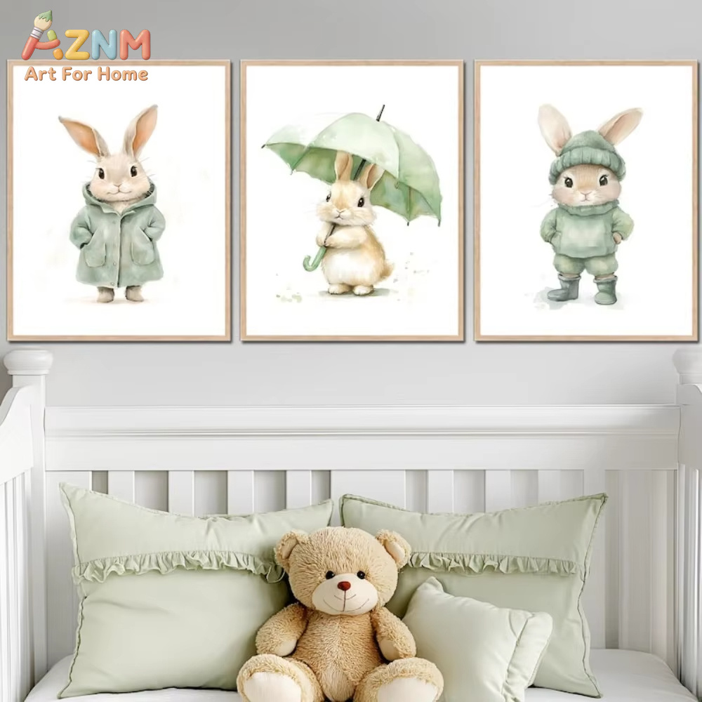 Baby Nursery Outfits - AZNM ชุดสีน้ำสีเขียว กระต่ายน้อย ภาพพิมพ์บนผ้าใบ กระต่ายน่ารักพร้อมร่ม ภาพวาดบนผ้าใบแบบไม่มีกรอบ
