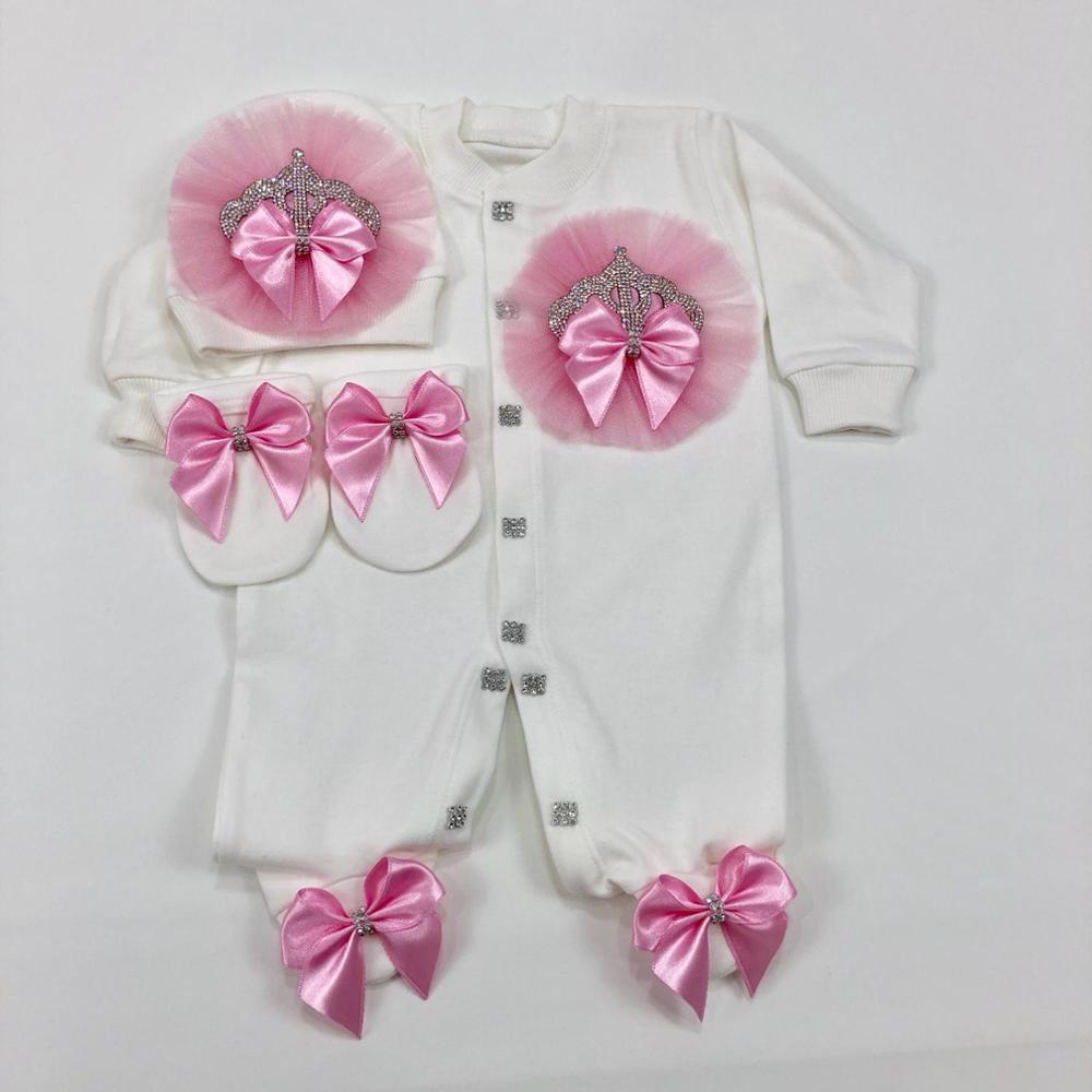 Baby Nursery Outfits - 3pcs ทารกแรกเกิด Coming Home ชุดเด็กผู้หญิงของขวัญอาบน้ําสีชมพู Pompon