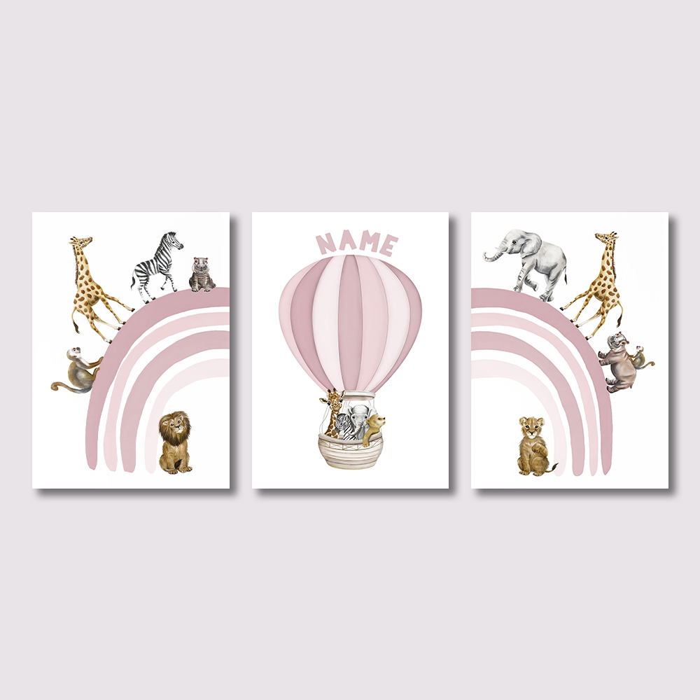 Baby Nursery Pink - ภาพพิมพ์ผ้าแคนวาสลายสัตว์ซาฟารี 3 ชิ้น, ภาพบอลลูนลมร้อนสีชมพูรุ้ง สำหรับตกแต่งผนังห้องนอนเด็กผู้หญิง