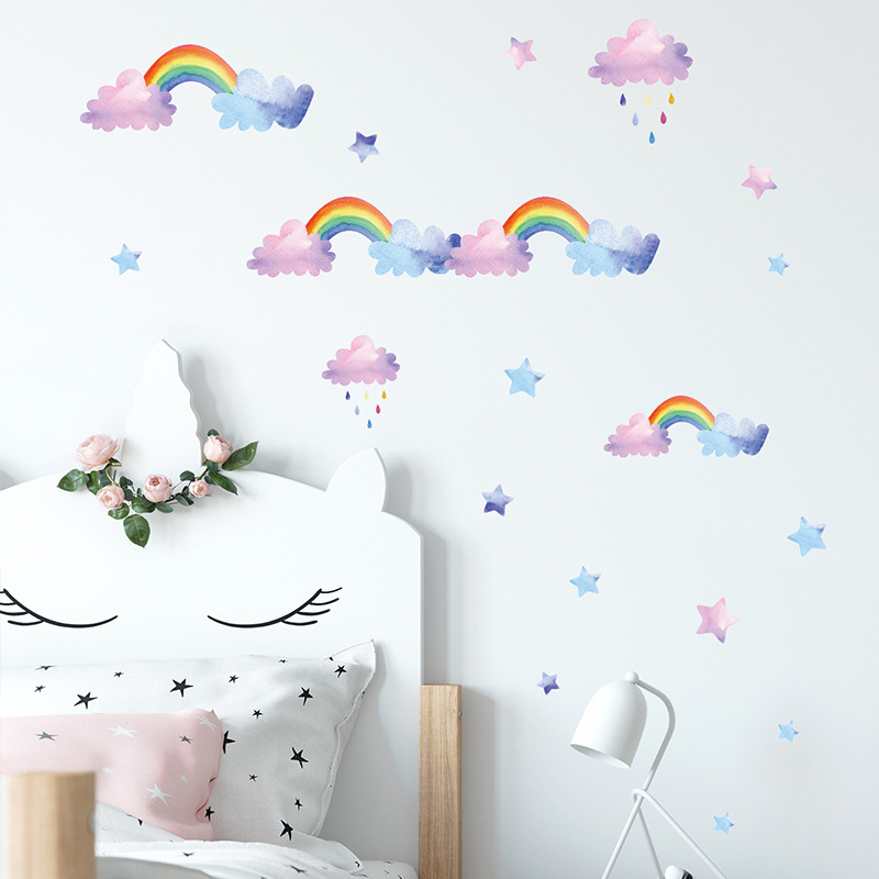 Baby Nursery Wardrobe - การ์ตูนเมฆสายรุ้งสติ๊กเกอร์ติดผนังสำหรับเด็กทารกห้องนอนตู้เสื้อผ้าตกแต่งบ้านภาพจิตรกรรมฝาผนังเนอสเซอรี่เลย์เอาท์สติกเกอร์วอลล์เปเปอร์