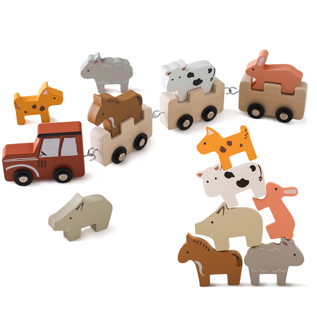 Baby Nursery Music - รถไฟไม้หลากสีสันพร้อมตุ๊กตาสัตว์เลี้ยงในฟาร์ม 6 ชิ้น ของเล่นอเนกประสงค์ - ของขวัญสำหรับเด็กทารกและเด็กโต