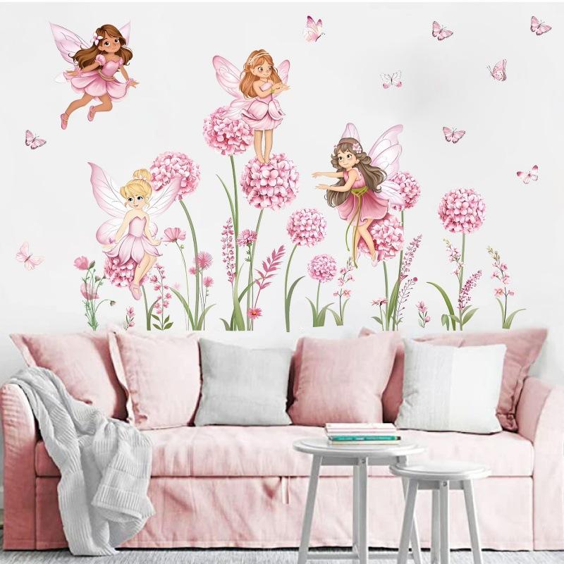 Baby Nursery Pink - Z. สติ๊กเกอร์ติดผนังลายการ์ตูนดอกไม้สีชมพู นางฟ้า ดอกแดนดิไลออน สำหรับตกแต่งห้องเด็กผู้หญิง ลายดอกไม้