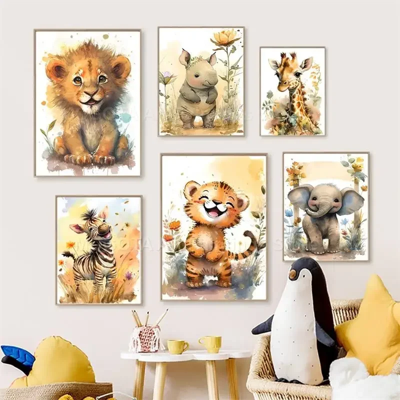 Baby Nursery Giraffe - สีน้ำสิงโตยีราฟเสือช้างม้าลายเนอสเซอรี่ศิลปะบนกำแพงภาพวาดผ้าใบสัตว์โปสเตอร์พิมพ์ภาพเด็กทารกเด็กตกแต่งห้อง