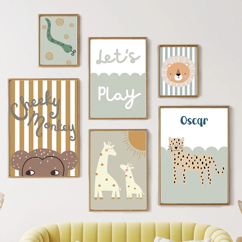 Baby Nursery Giraffe - ภาพวาดบนผ้าใบลายการ์ตูนยีราฟ เสือดาว สิงโต ลิง งู สำหรับตกแต่งผนังห้องเด็ก