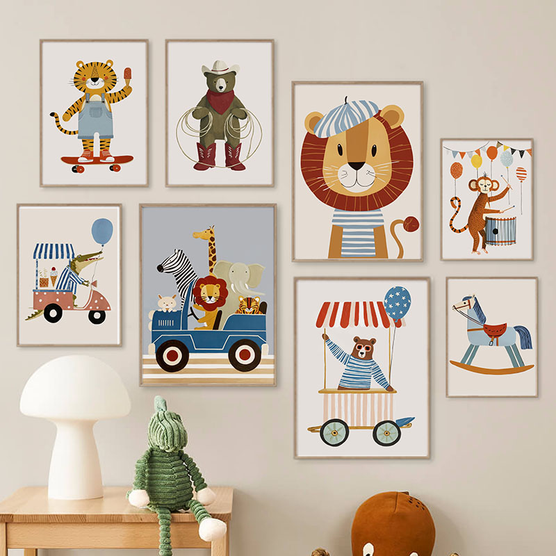 Baby Nursery Images - ภาพวาดการ์ตูนสัตว์ตลกๆ สำหรับตกแต่งผนังห้องเด็ก ภาพพิมพ์บนผ้าใบ ลายสิงโต หมี เสือ