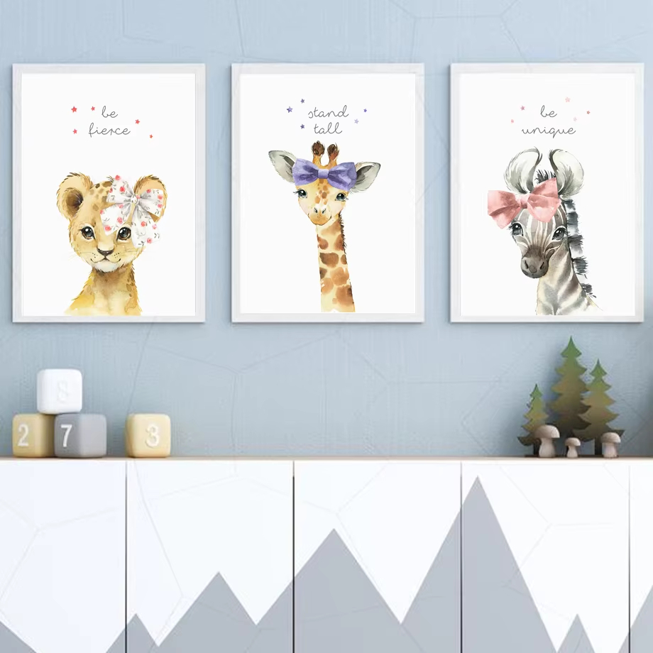 Baby Nursery Giraffe - สิงโตม้าลายยีราฟช้าง Hippo ดอกไม้ Nursery Wall Art