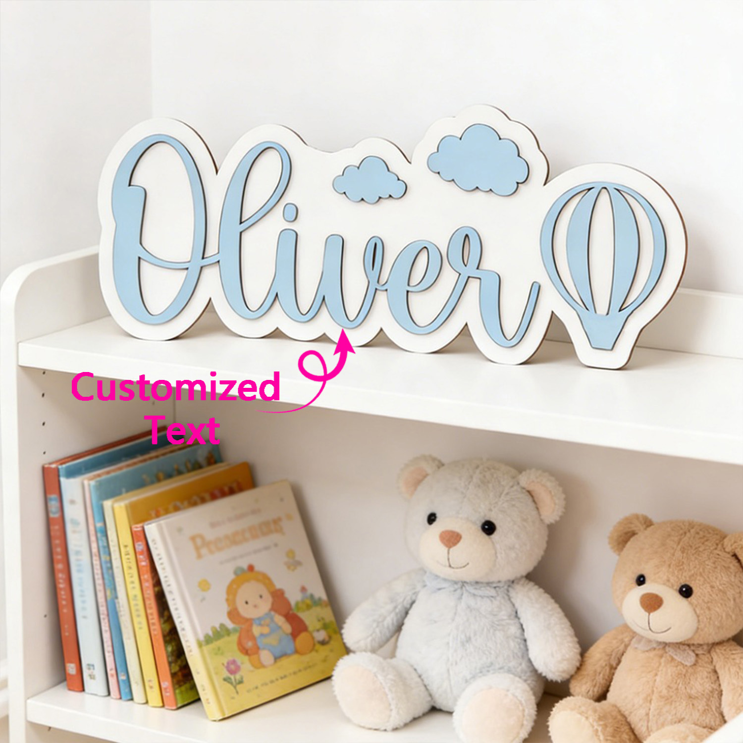 Baby Nursery Artwork - ป้ายชื่อห้องรูปบอลลูนลมร้อนและเมฆแบบปรับแต่งได้, ป้ายไม้สีฟ้าพาสเทลที่สามารถปรับแต่งได้, ของตกแต่งห้องนอนเด็ก, ของขวัญแสนหวาน