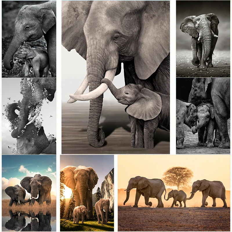 Baby Nursery Images - โปสเตอร์ครอบครัวสัตว์ป่าช้างผ้าใบภาพวาดสัตว์พ่อลูกรักภาพศิลปะบนผนังสำหรับตกแต่งบ้านห้องสมัยใหม่