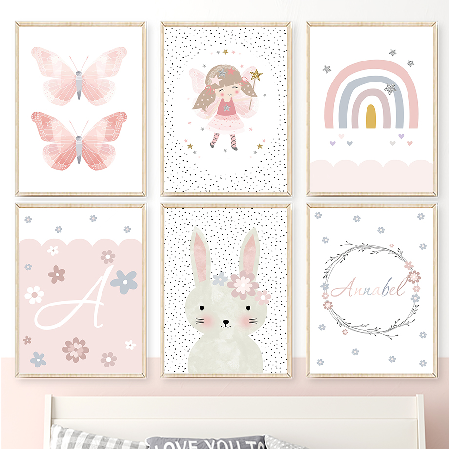 Baby Nursery Images - ภาพวาดบนผืนผ้าใบลายกระต่ายสาวน้อยน่ารัก ดอกไม้ ผีเสื้อ สายรุ้ง สำหรับตกแต่งผนังห้องเด็ก โปสเตอร์และภาพพิมพ์ติดผนังสำหรับห้องเด็กอ่อน