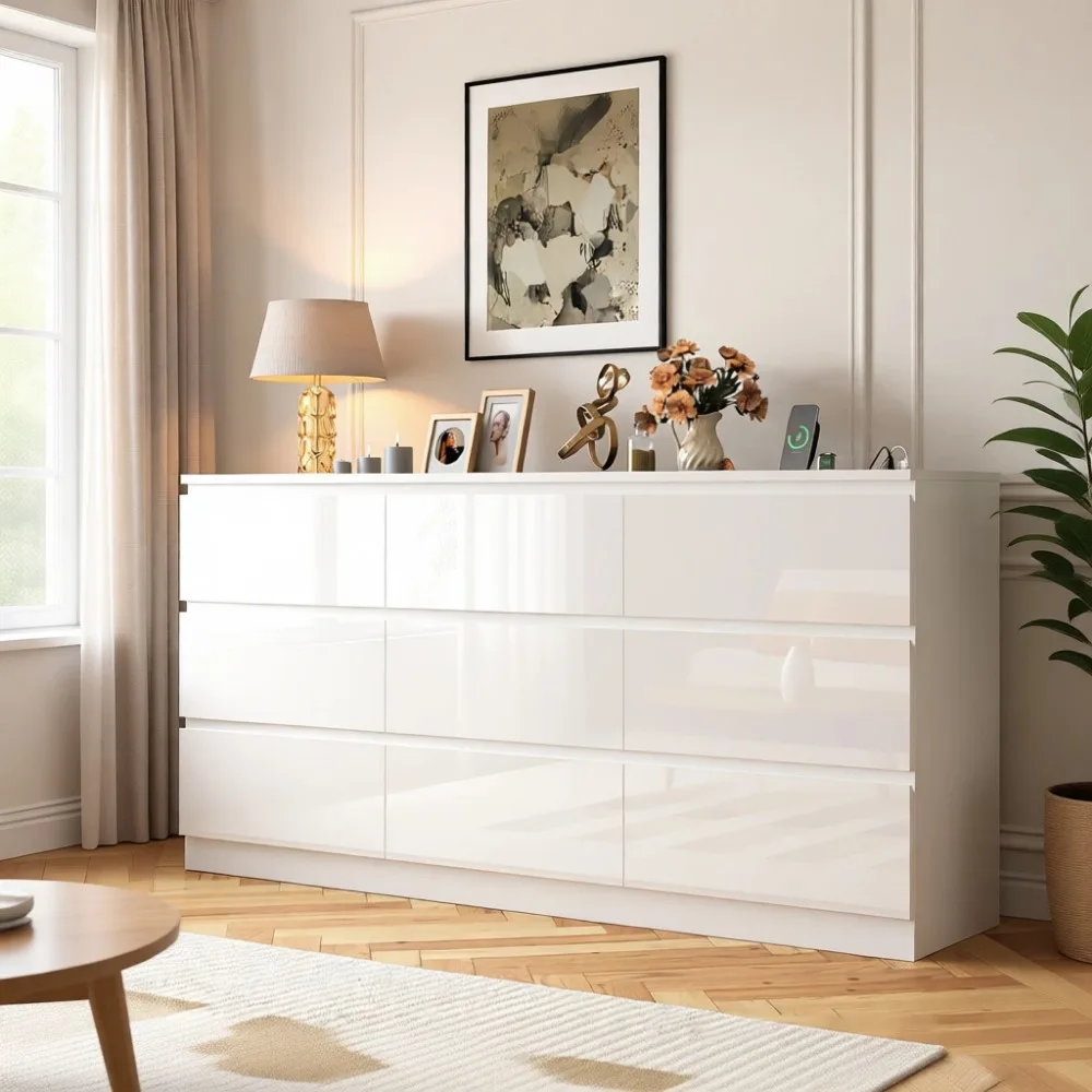 Drawer Dresser White - ตู้ลิ้นชักขนาดใหญ่ 70 นิ้ว 9 ลิ้นชัก พร้อมปลั๊กไฟฟ้า,