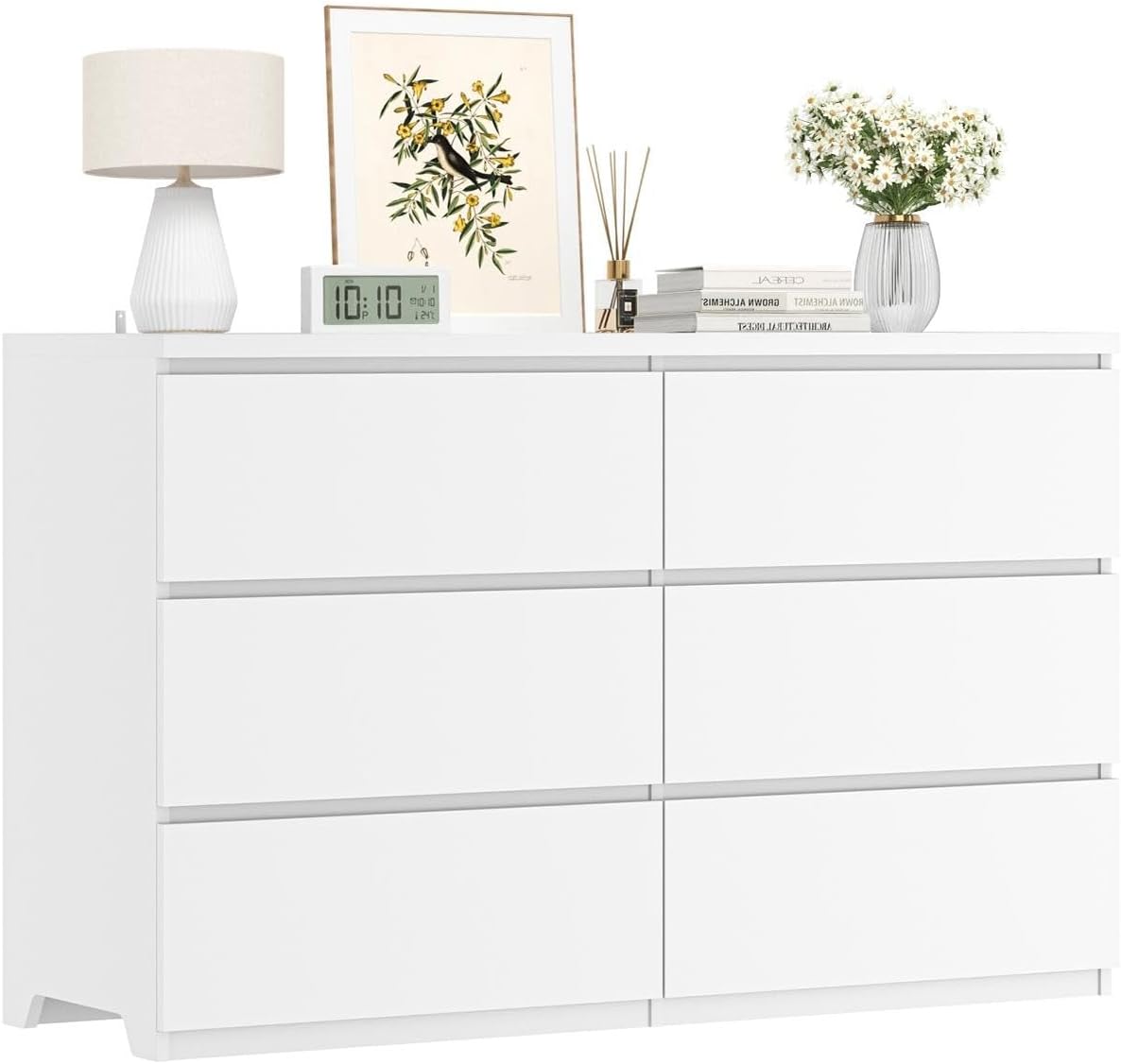 Drawer Dresser White - ตู้ลิ้นชักไม้สีขาว 6 ลิ้นชักสำหรับห้องนอน, ลิ้นชักลึก, ที่จัดเก็บของ