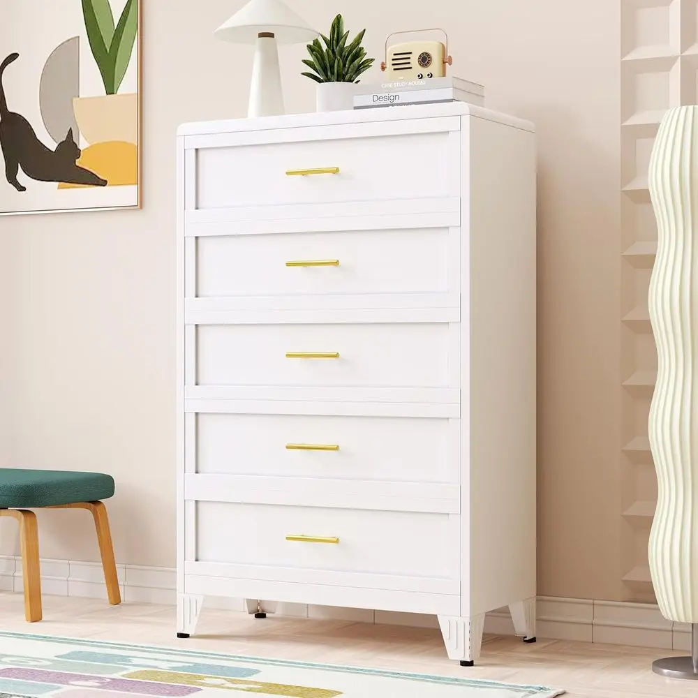 Drawer Dresser White - ตู้ลิ้นชัก 5 ชั้นสำหรับห้องนอนพร้อมมือจับโลหะ ตู้เก็บของขนาดใหญ่สำหรับห้องนั่งเล่นและทางเดิน สีขาว