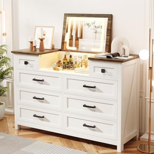 Drawer Dresser White - ตู้ลิ้นชักพร้อมกระจก LED, 8 ลิ้นชัก, สไตล์ฟาร์มเฮาส์, สำหรับห้องนอน,