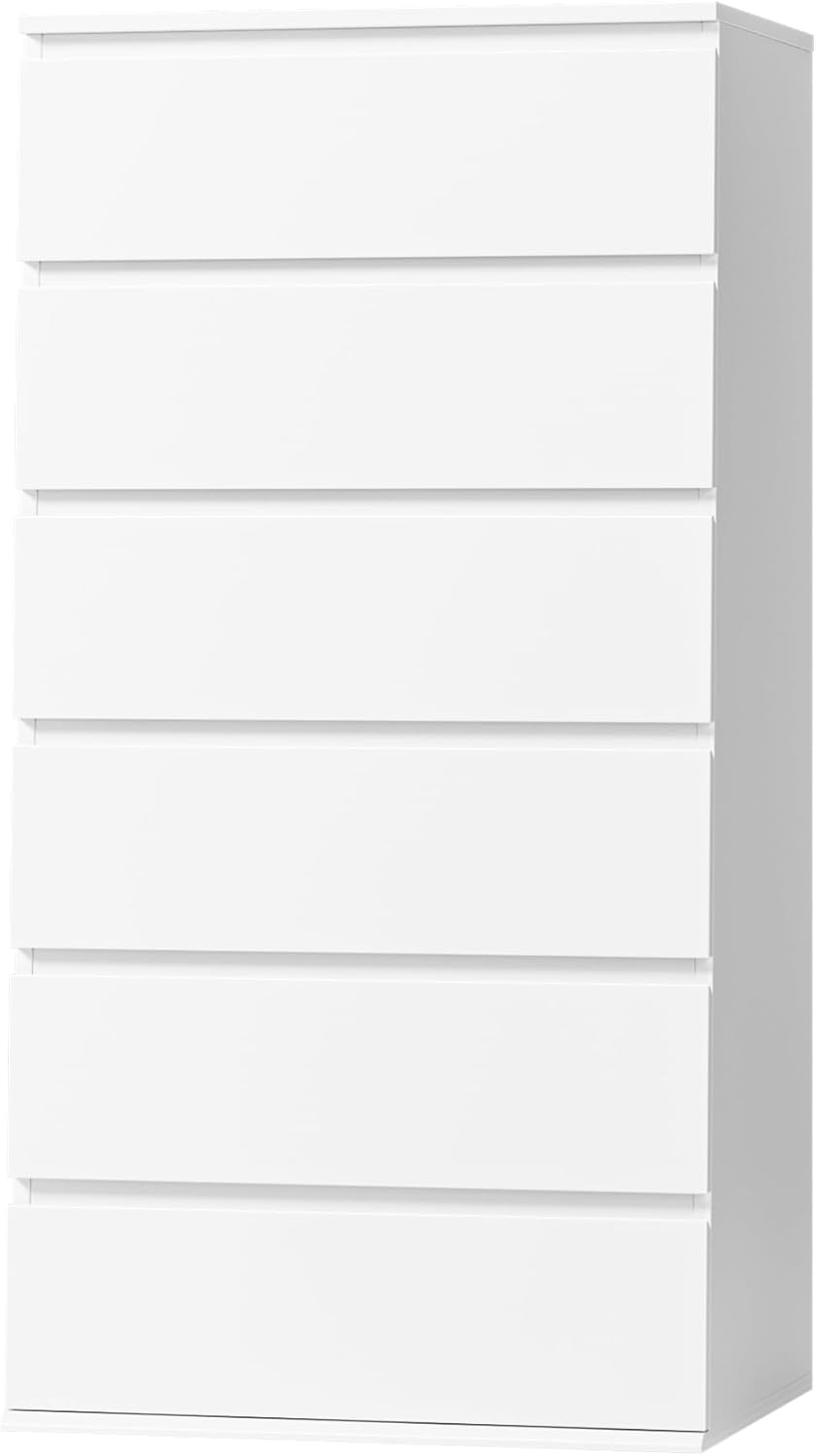 Drawer Dresser White - ตู้เสื้อผ้าไม้สีขาวทรงสูงทันสมัยสำหรับบ้านและสำนักงาน 6 ลิ้นชัก พร้อมรางเลื่อนโลหะและดีไซน์ไร้มือจับ