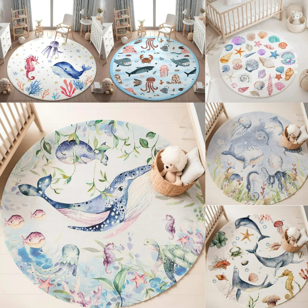Baby Nursery Mat - พรมลายสัตว์ทะเลสีฟ้า สำหรับห้องนั่งเล่น ห้องเด็กผู้หญิง ห้องเด็กเล่น ห้องนอน พรมนุ่ม
