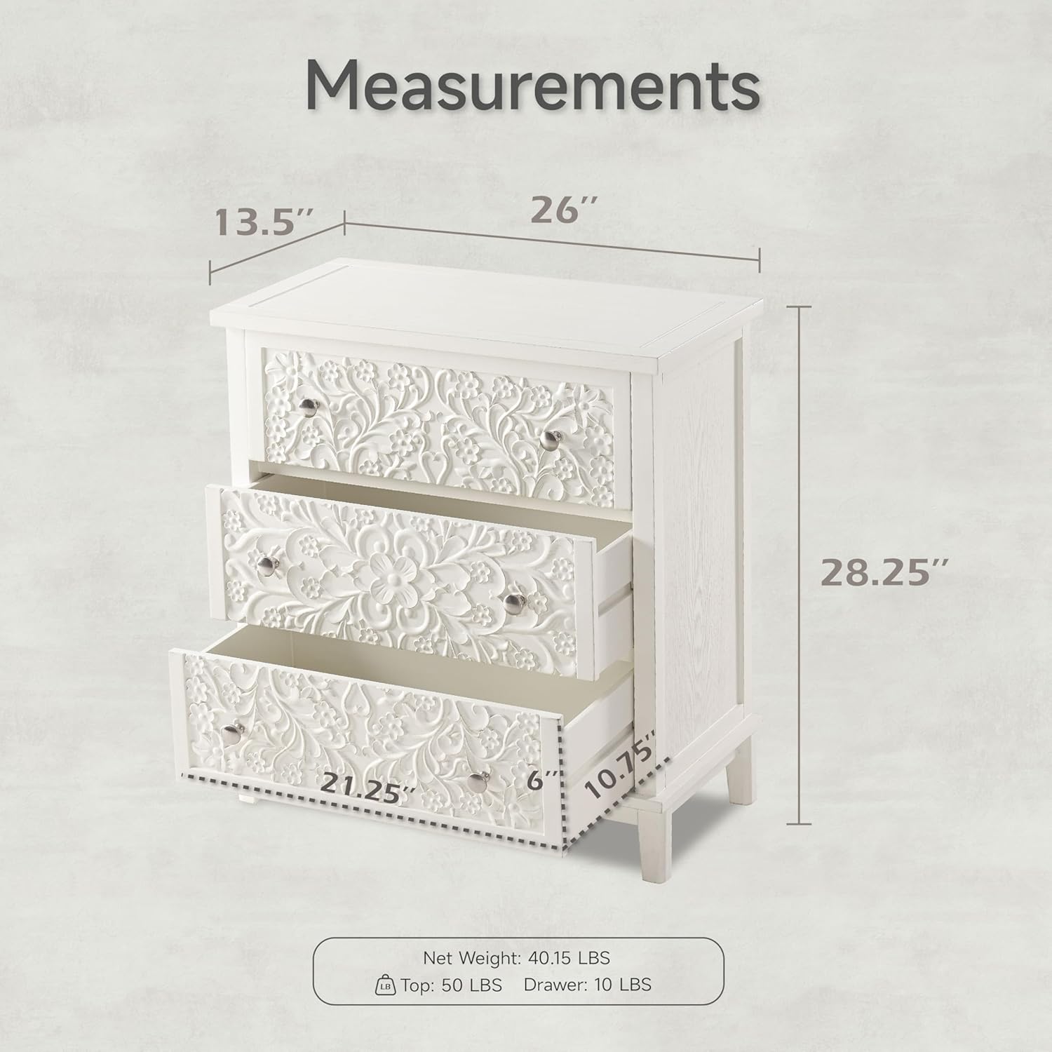 ตู้ลิ้นชักไม้สีขาว 3 ชั้น ประก - Drawer Dresser White บทวิจารณ์และราคา
