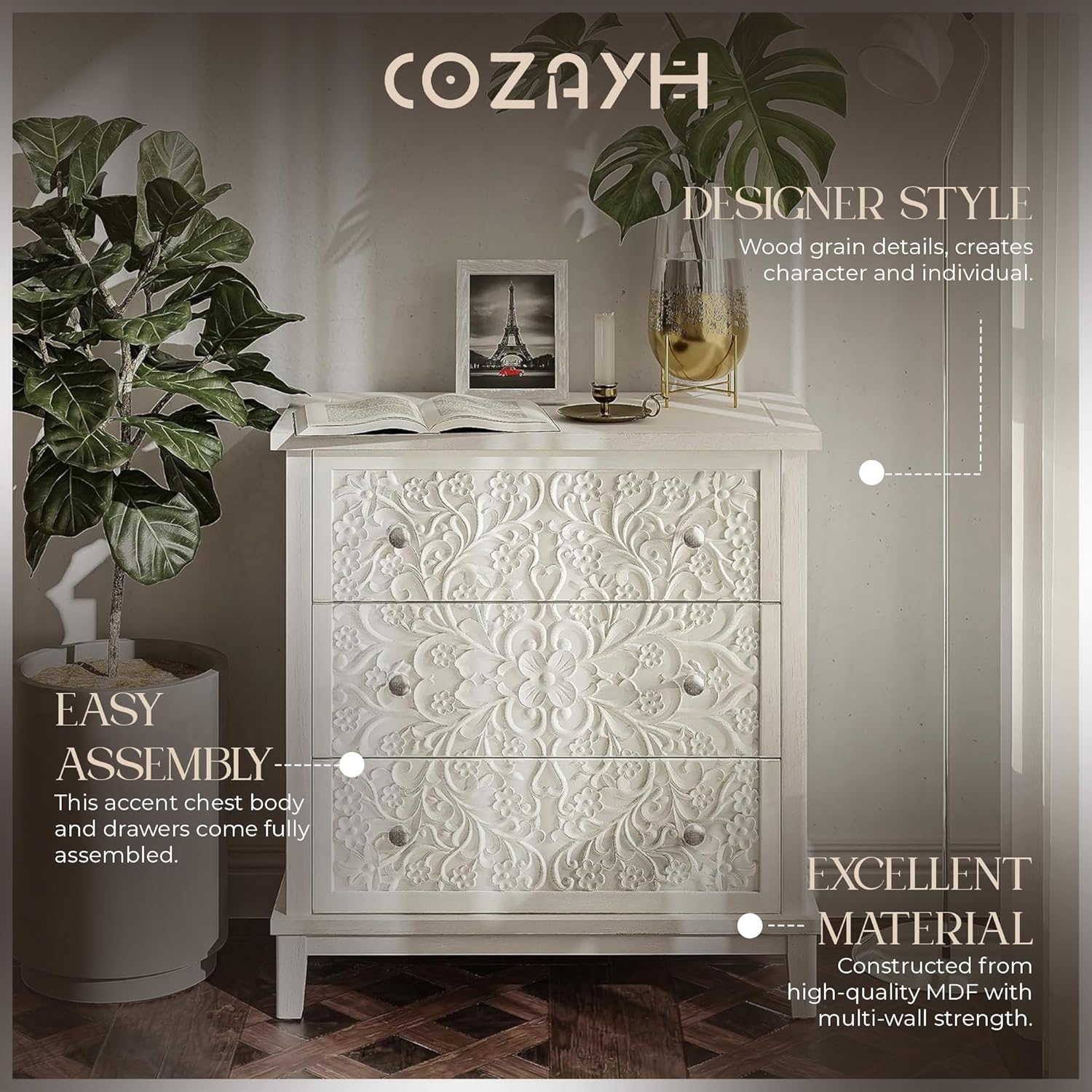 ตู้ลิ้นชักไม้สีขาว 3 ชั้น ประก - Drawer Dresser White บทวิจารณ์และราคา