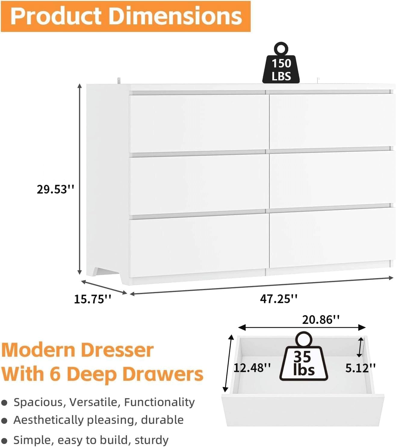 ตู้ลิ้นชักไม้สีขาว 6 ลิ้นชักสำ - Drawer Dresser White บทวิจารณ์และราคา