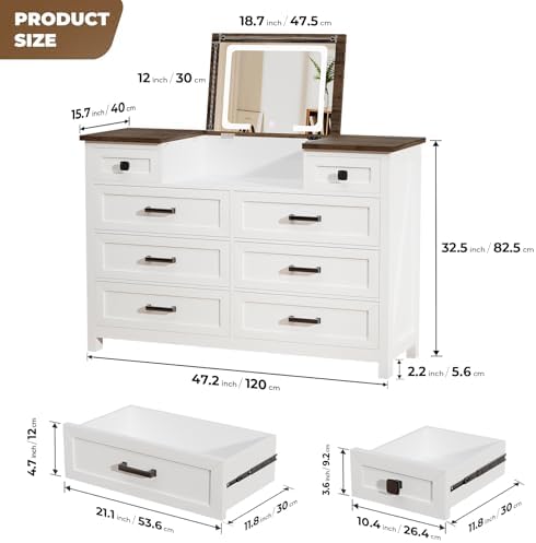 ตู้ลิ้นชักพร้อมกระจก LED, 8 ลิ - Drawer Dresser White บทวิจารณ์และราคา